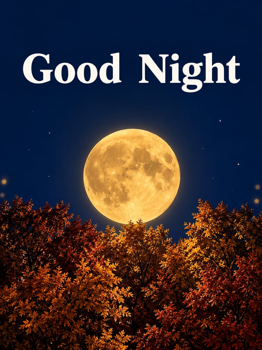 Good Night greeting image: big golden harvest moon above the leafy crowns of autumn trees. It says “Good Night”