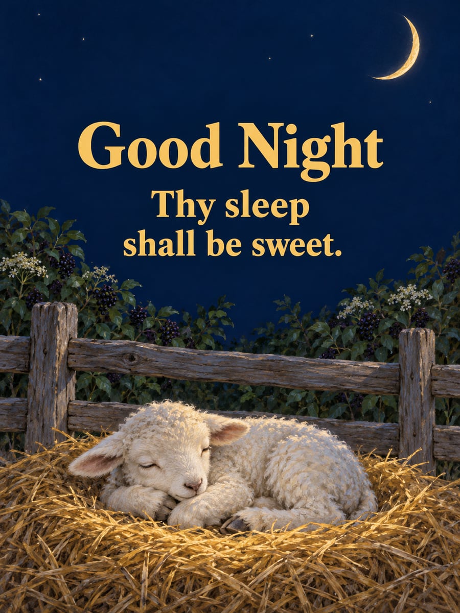 Good Night greeting image: white lamb asleep in a straw nest under a crescent moon. It says “Good Night” and “Thy sleep shall be sweet.”
