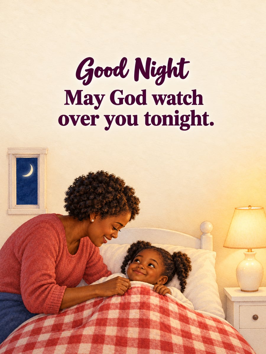 Good Night greeting image: Black mother tucking her young daughter into bed. It says “Good Night” and “May God watch over you tonight.”