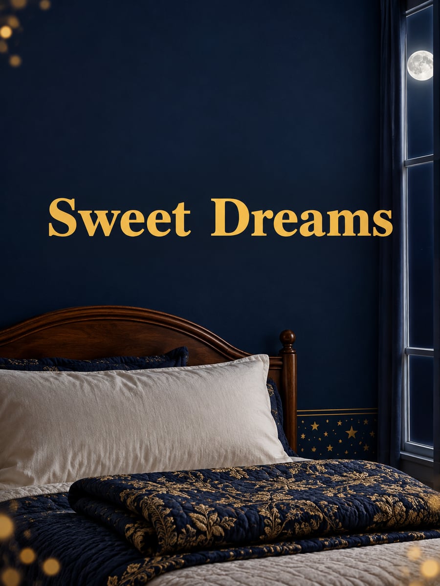 Good Night greeting image: plump white pillow and a folded navy-and-gold quilt on a bed in a navy bedroom. It says “Sweet Dreams”