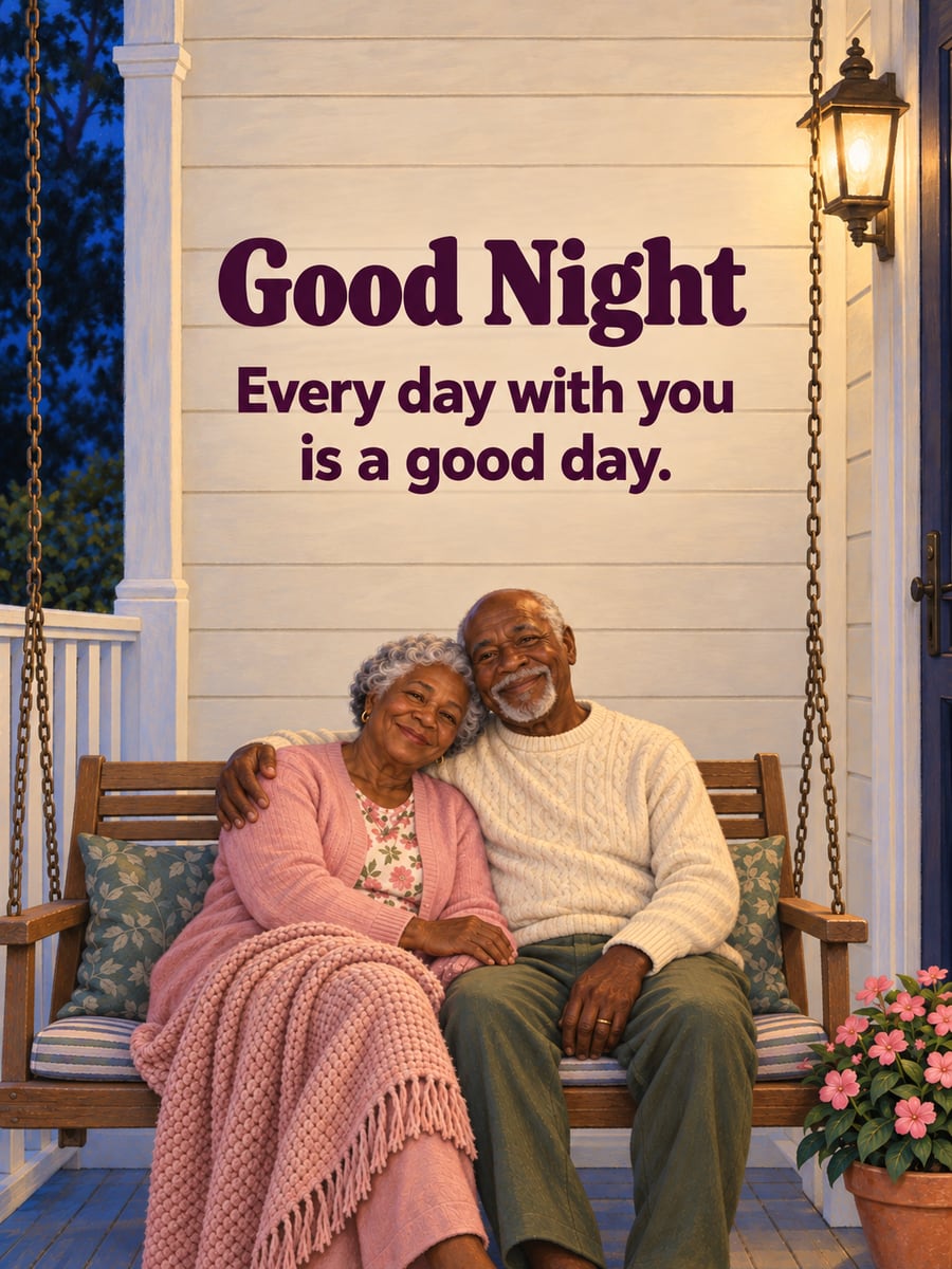 Good Night greeting image: older Black couple sitting close on a porch swing at night. It says “Good Night” and “Every day with you is a good day.”
