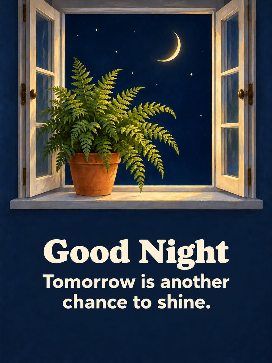Good Night greeting image: open wooden window with a potted fern on the sill and a gold crescent moon outside. It says “Good Night” and “Tomorrow is another chance to shine.”