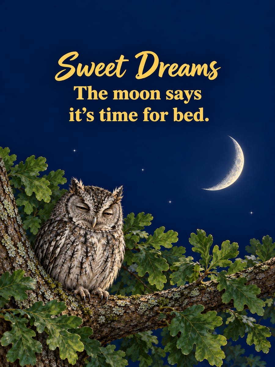 Good Night greeting image: sleepy screech owl on a leafy oak branch under a crescent moon. It says “Sweet Dreams” and “The moon says it’s time for bed.”