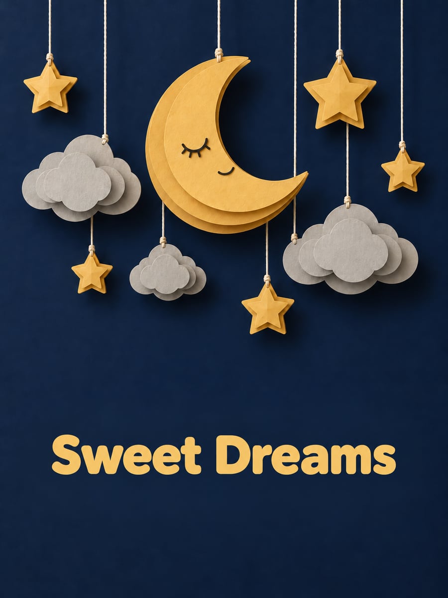 Good Night greeting image: hanging paper mobile of a sleeping crescent moon, puffy clouds and gold stars. It says “Sweet Dreams”