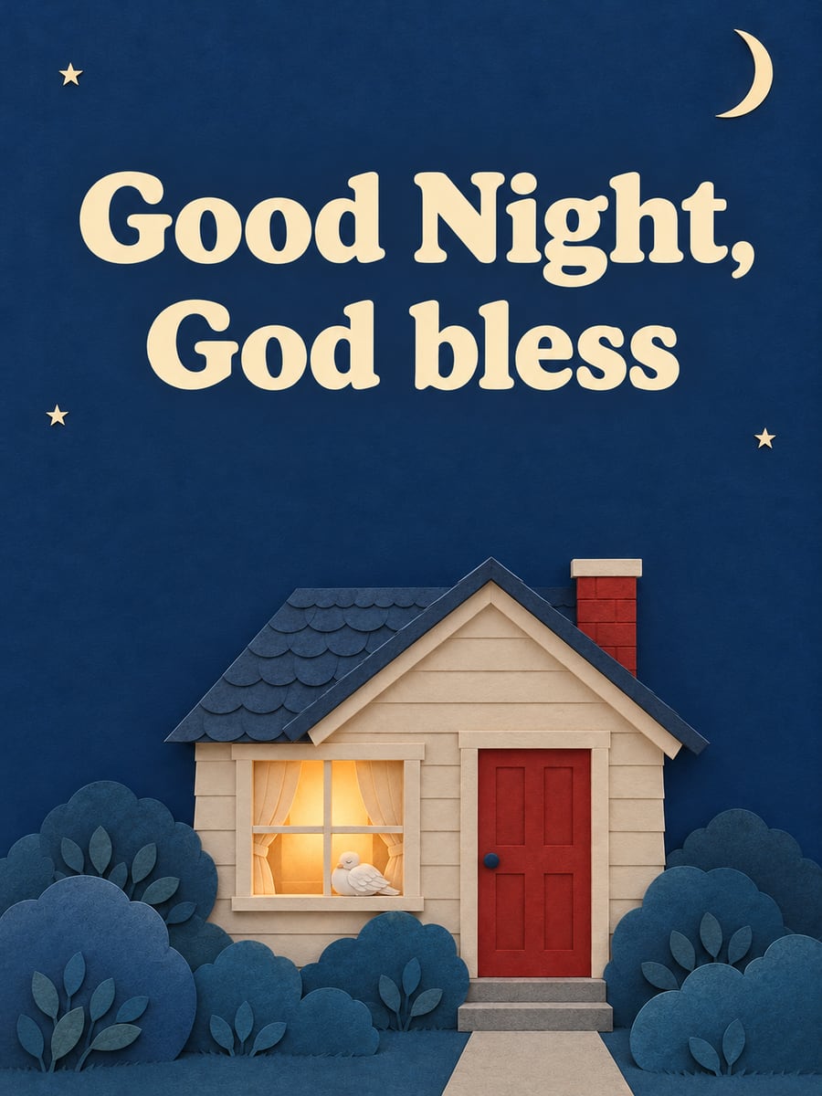Good Night greeting image: paper-cut house with one lamp-lit window and a white dove asleep on the sill. It says “Good Night, God bless”