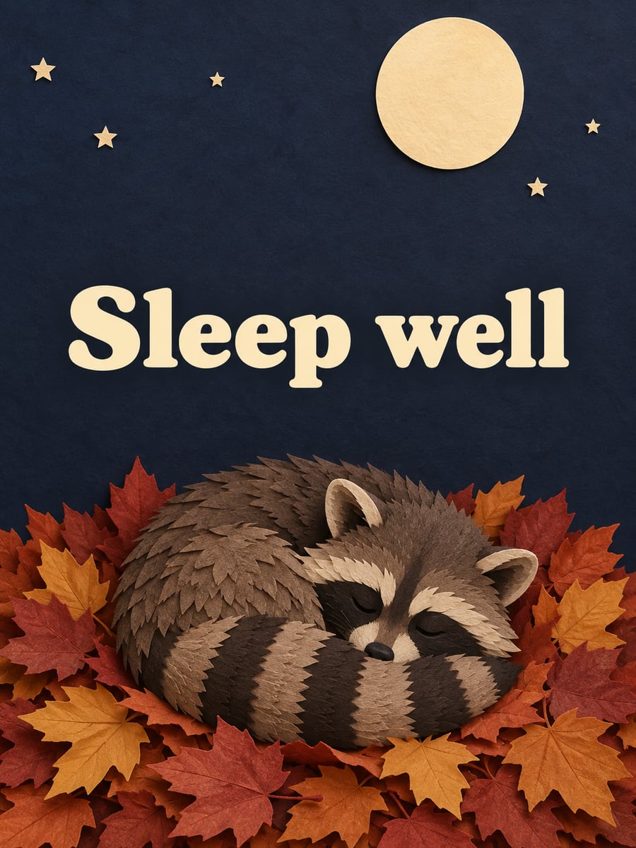 Good Night greeting image: raccoon curled asleep in a heap of red and gold maple leaves. It says “Sleep well”