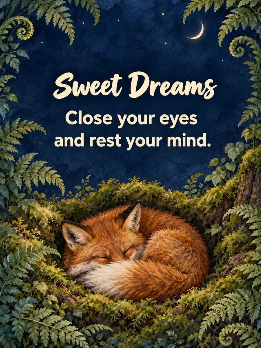 Good Night greeting image: red fox curled asleep in a moss den, framed by ferns. It says “Sweet Dreams” and “Close your eyes and rest your mind.”
