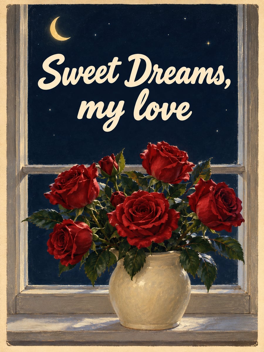 Good Night greeting image: deep red roses in a plain cream vase on a moonlit windowsill. It says “Sweet Dreams, my love”