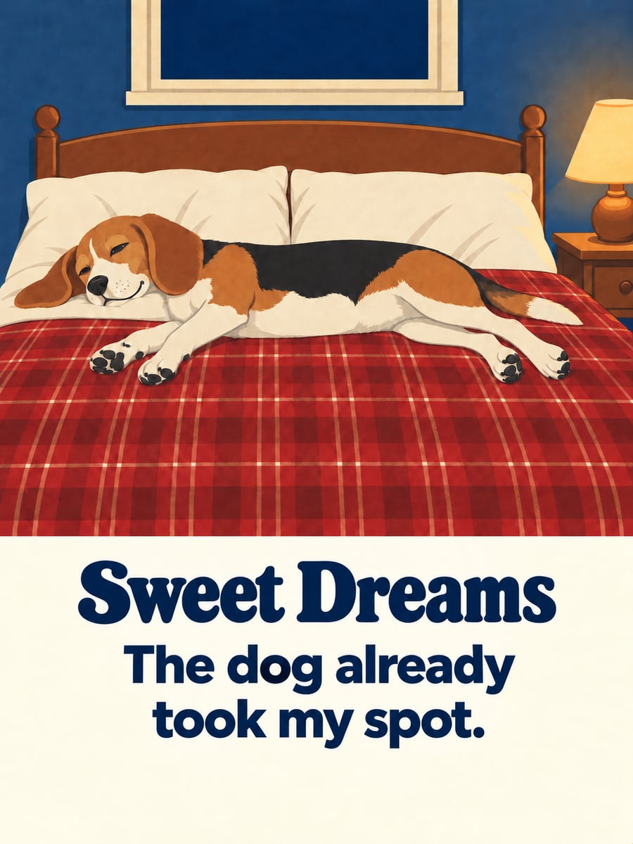 Good Night greeting image: tricolor beagle stretched out across the middle of a made bed, head on the pillow. It says “Sweet Dreams” and “The dog already took my spot.”