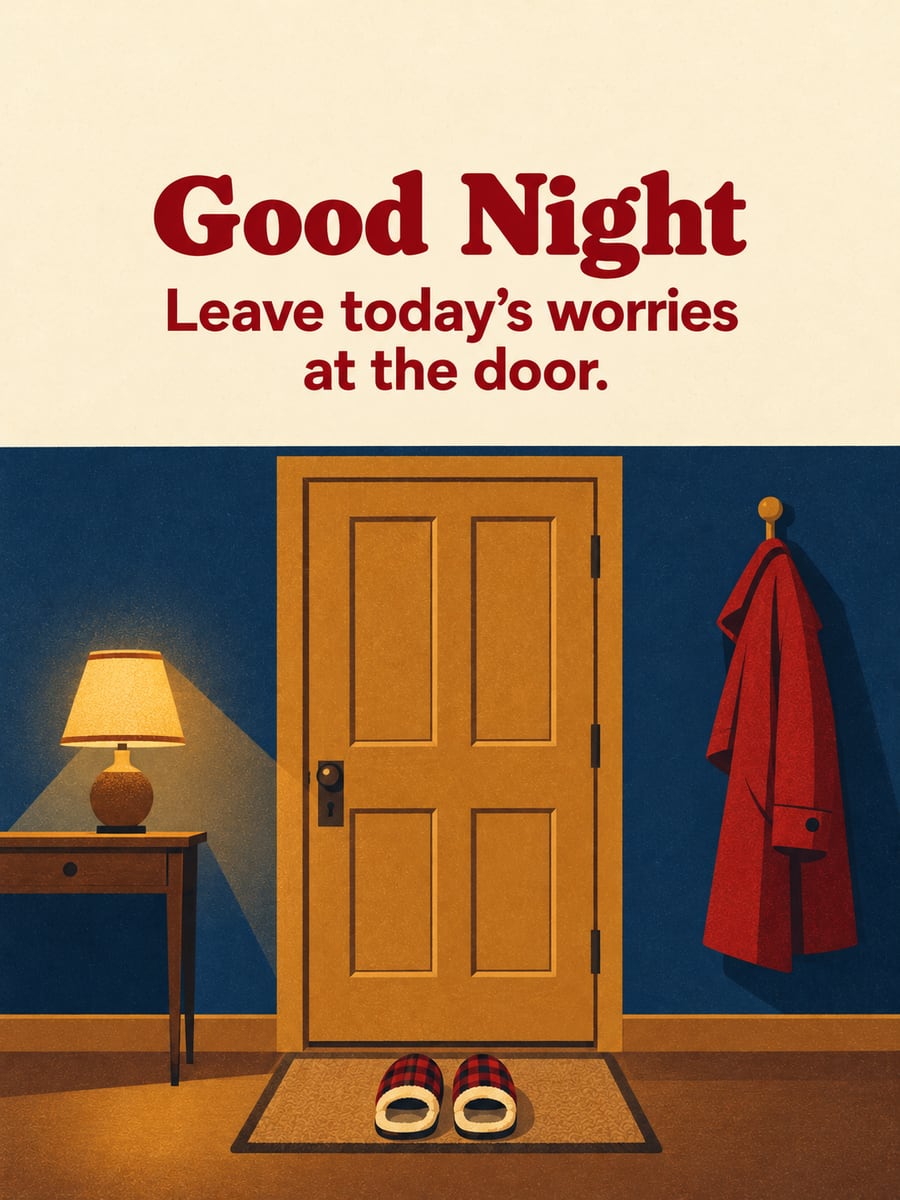Good Night greeting image: closed front door with a glowing table lamp, slippers on the doormat and a coat on a hook. It says “Good Night” and “Leave today’s worries at the door.”