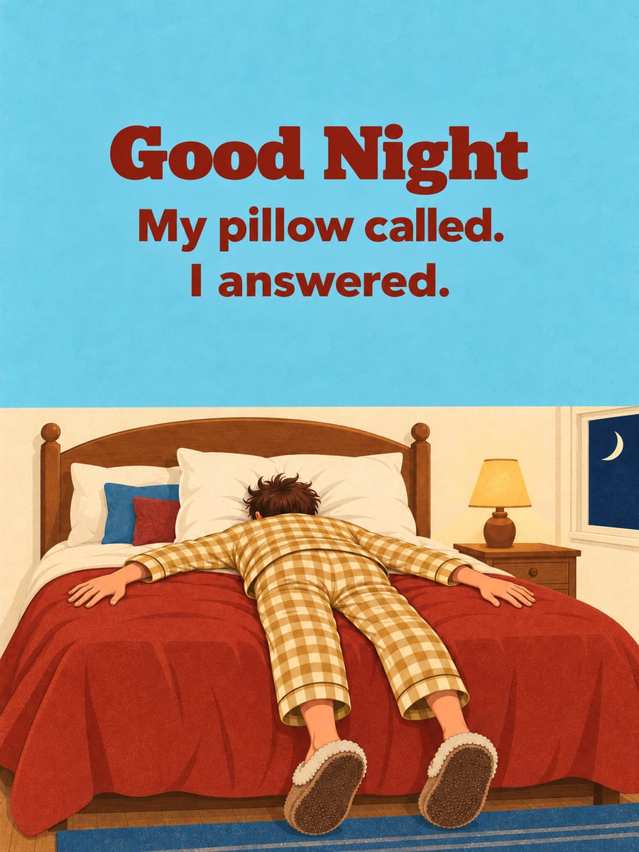 Good Night greeting image: man flopped face-down onto a fluffy pillow, still in his slippers. It says “Good Night” and “My pillow called. I answered.”