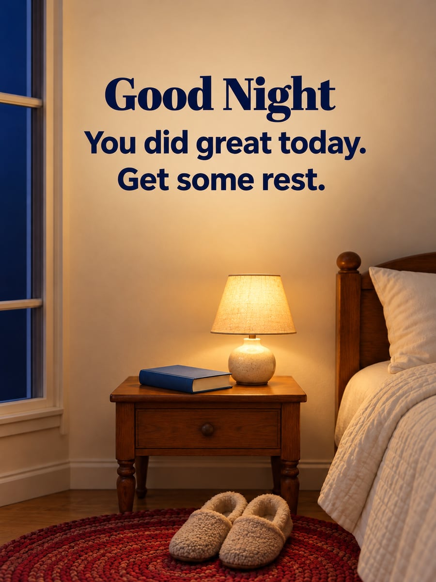 Good Night greeting image: fuzzy slippers by the bed and a closed book under a small glowing lamp on the nightstand. It says “Good Night” and “You did great today. Get some rest.”