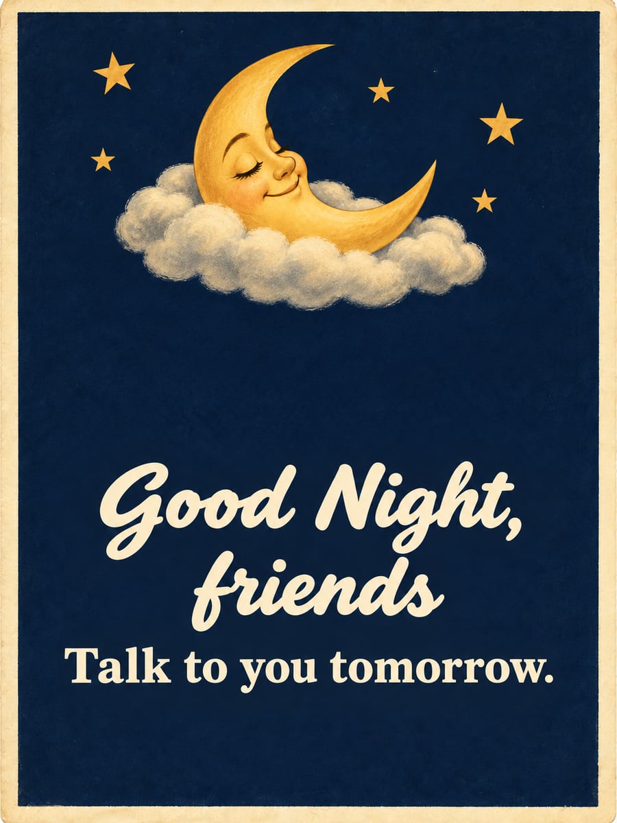 Good Night greeting image: smiling crescent moon reclining on a puffy cream cloud. It says “Good Night, friends” and “Talk to you tomorrow.”