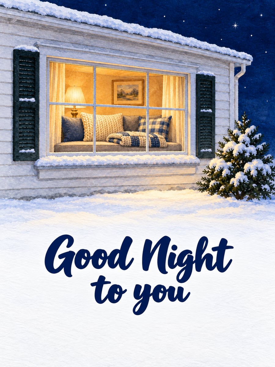 Good Night greeting image: wide window glowing warm in a snowy white clapboard house, a folded quilt on the window seat. It says “Good Night to you”