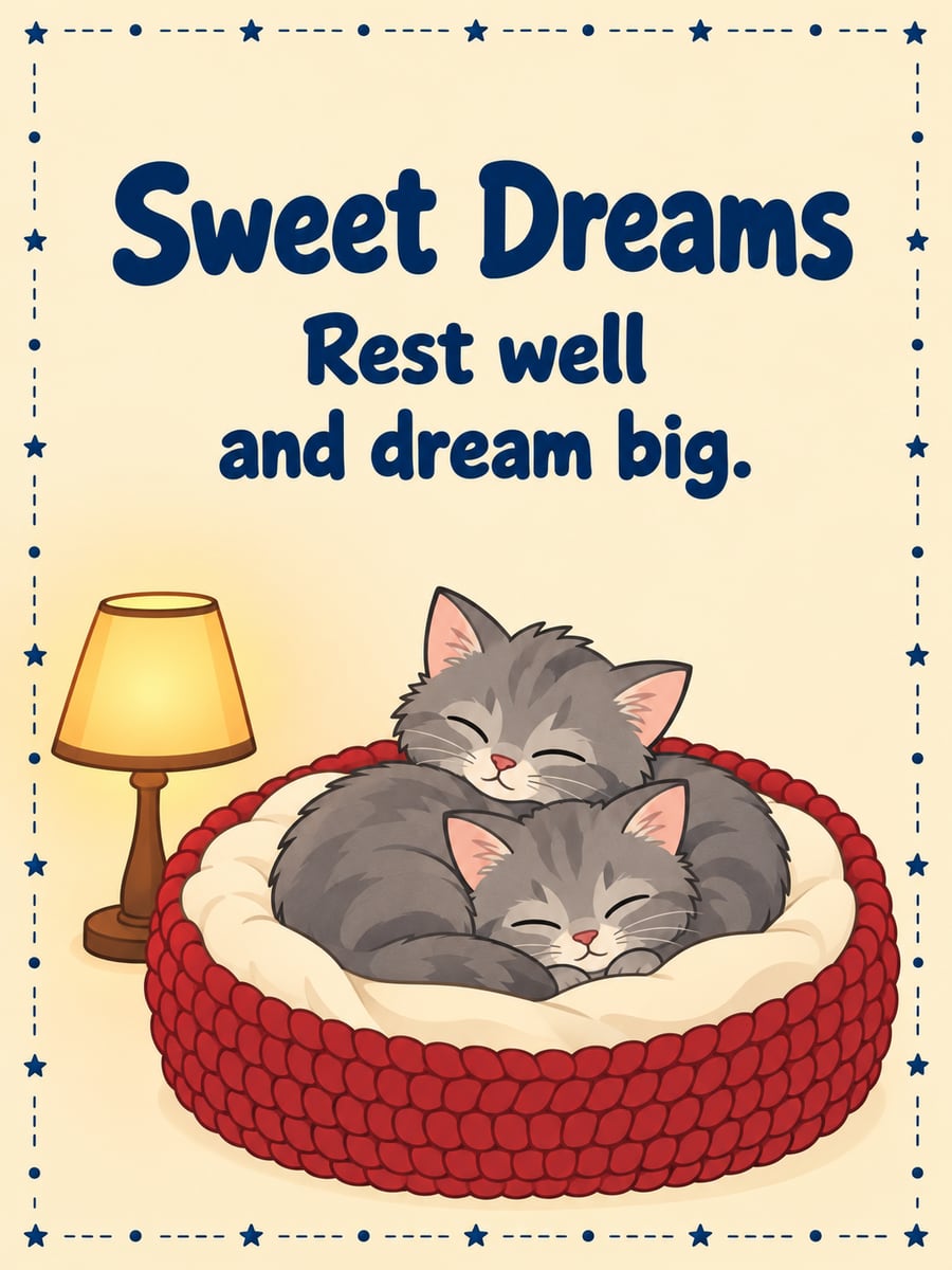 Good Night greeting image: two gray kittens asleep together in a round knitted basket beside a small floor lamp. It says “Sweet Dreams” and “Rest well and dream big.”