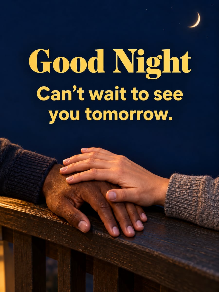Good Night greeting image: two adult hands, deep brown and light, resting together on a porch railing at night. It says “Good Night” and “Can’t wait to see you tomorrow.”