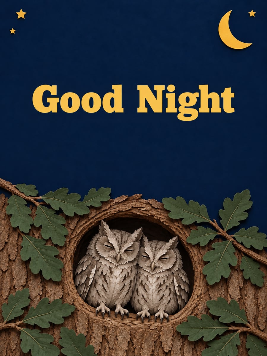 Good Night greeting image: two gray eastern screech owls snuggled together in a leafy oak hollow. It says “Good Night”