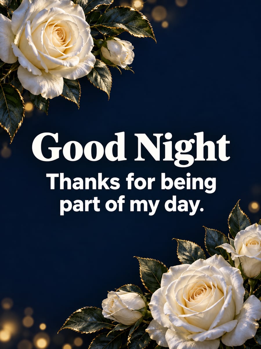 Good Night greeting image: ivory-white garden roses with gold-edged leaves in two corners. It says “Good Night” and “Thanks for being part of my day.”