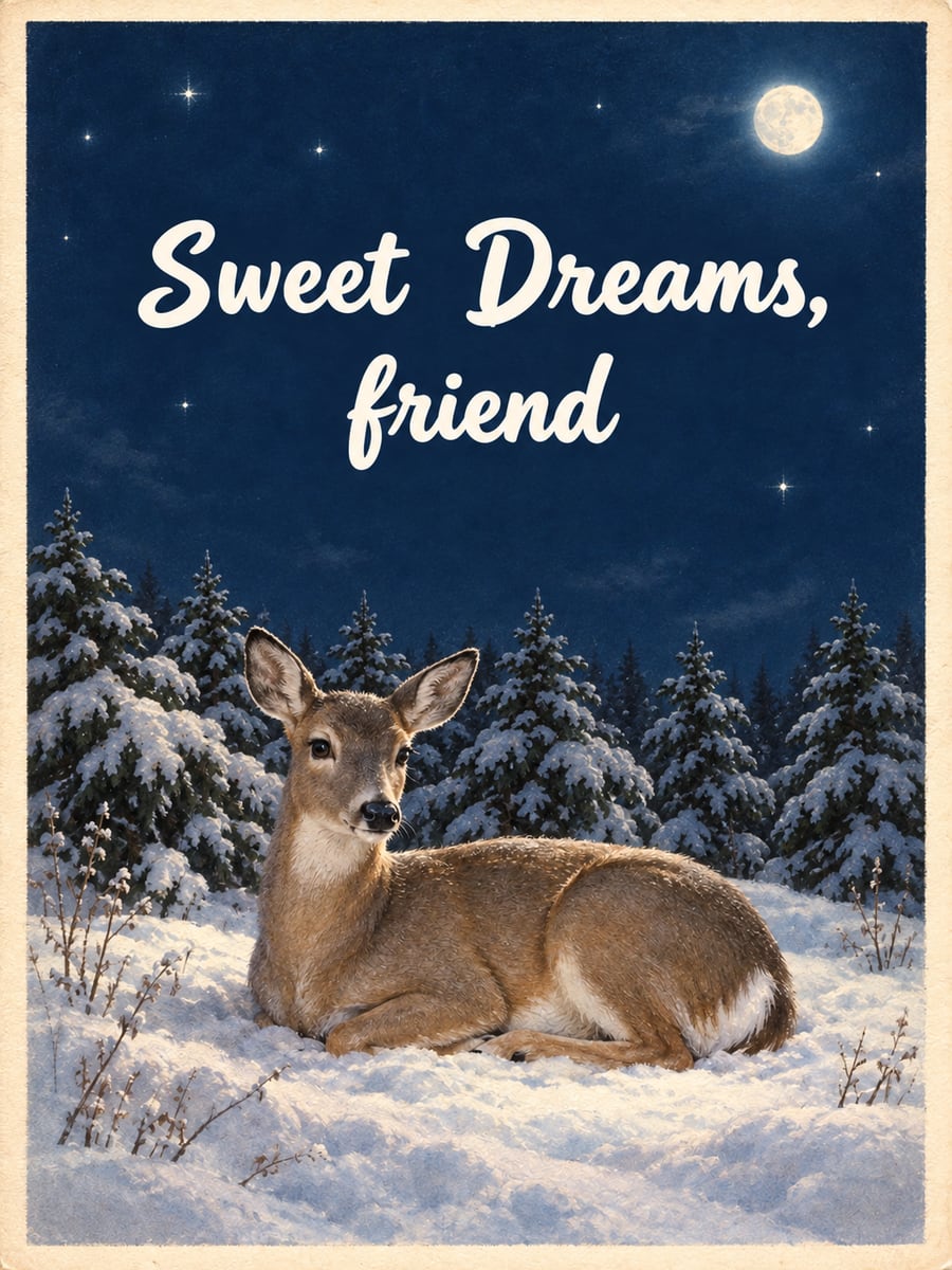 Good Night greeting image: white-tailed doe resting in the snow in front of snowy pines. It says “Sweet Dreams, friend”