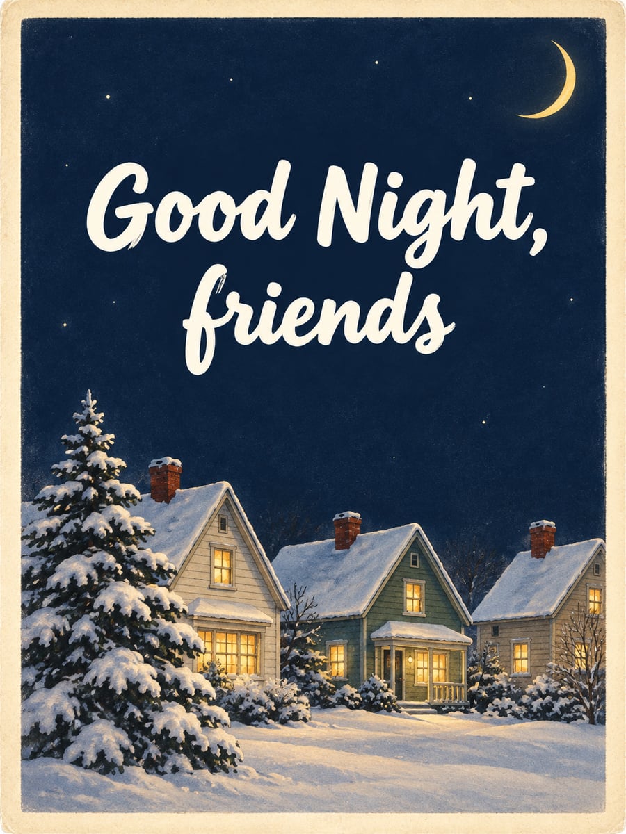 Good Night greeting image: snowy rooftops and a snowy spruce under a thin gold crescent moon. It says “Good Night, friends”
