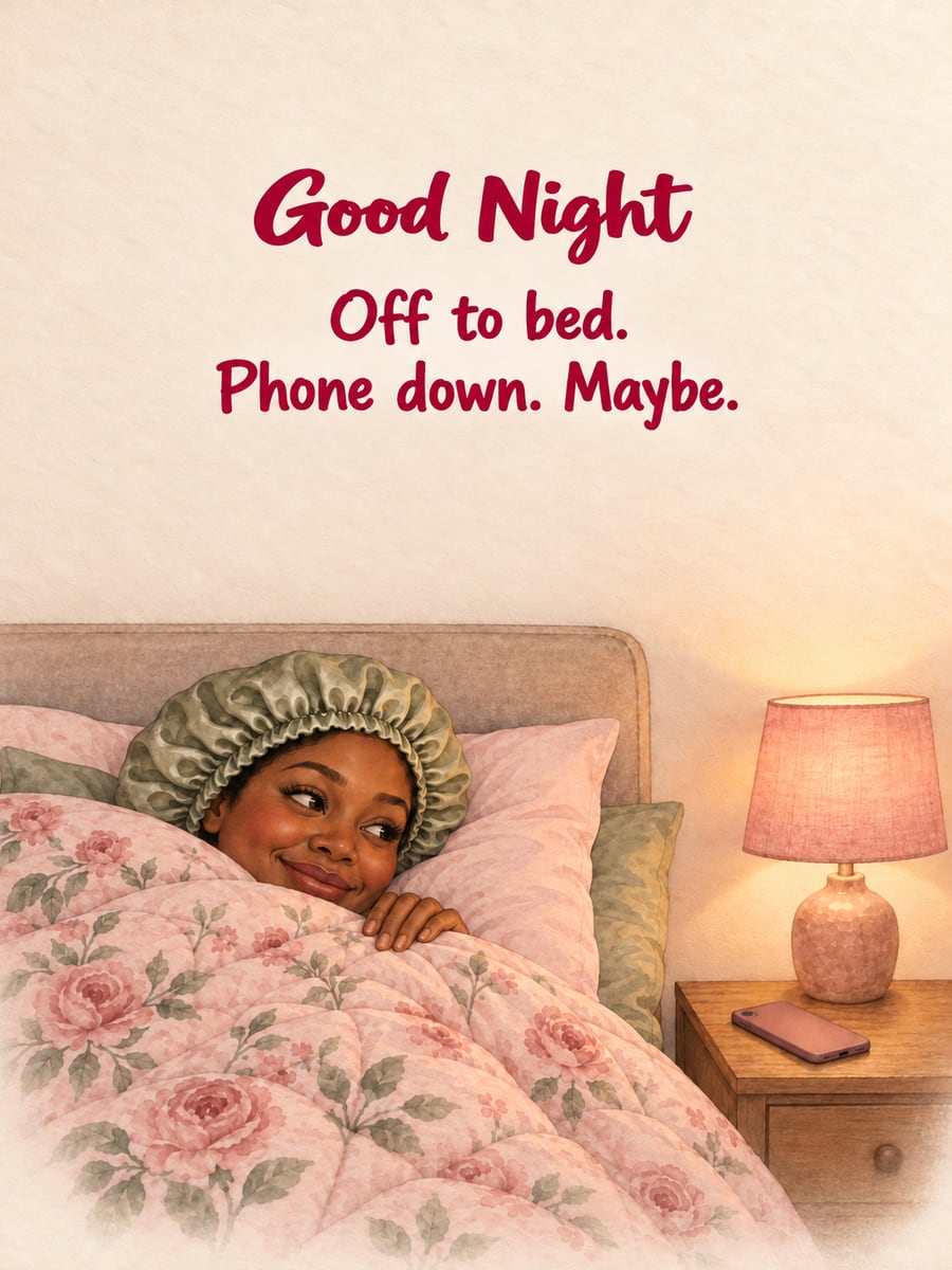 Good Night greeting image: woman with deep brown skin under a floral quilt peeking at her face-down phone. It says “Good Night” and “Off to bed. Phone down. Maybe.”