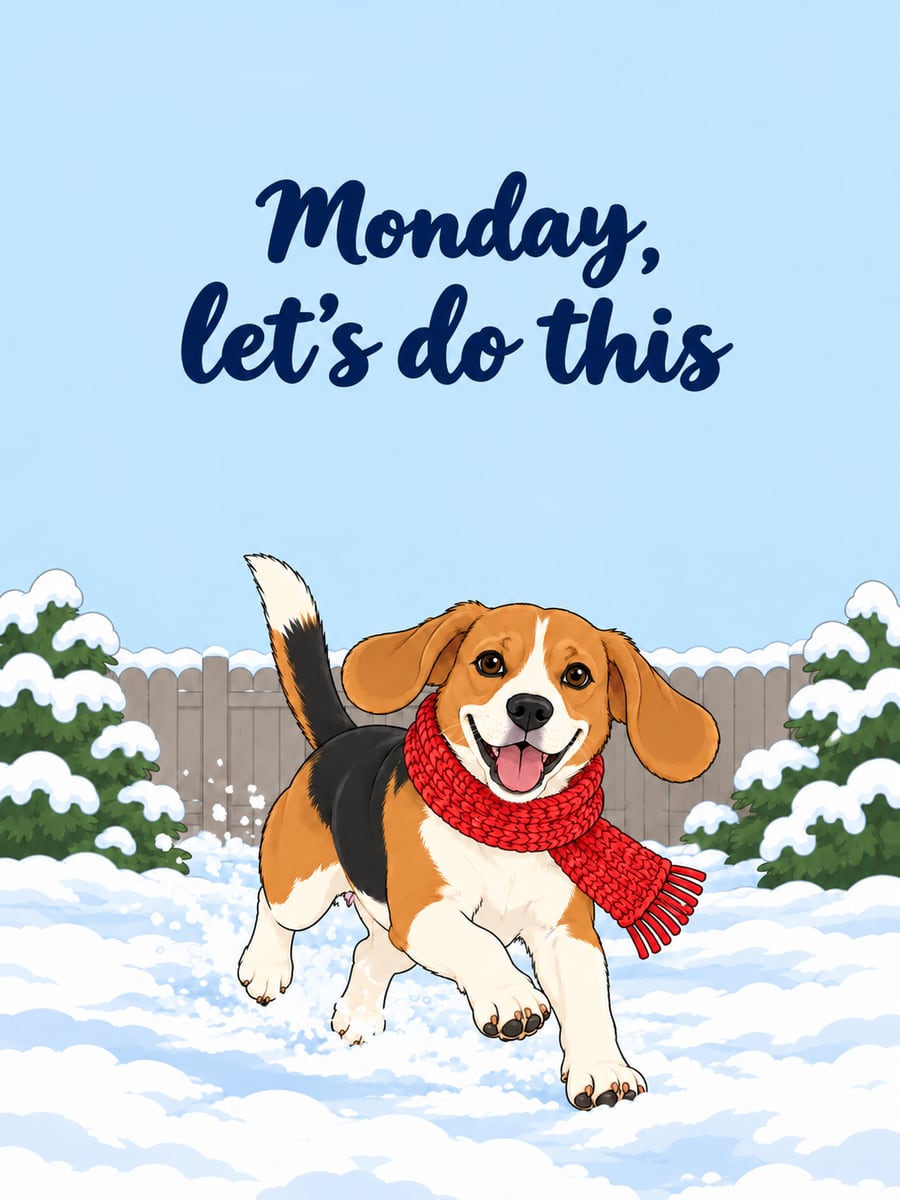 Happy Monday greeting image: tricolor beagle in a red knit scarf bounding through fresh snow. It says “Monday, let’s do this”