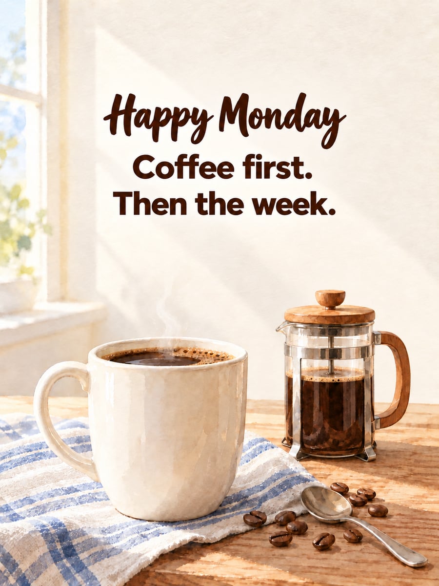Happy Monday greeting image: oversized cream mug and a French press on a sunny table. It says “Happy Monday” and “Coffee first. Then the week.”