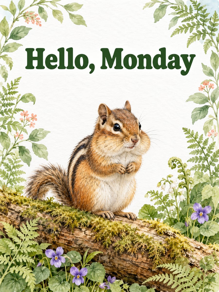 Happy Monday greeting image: eastern chipmunk with full cheeks on a mossy log. It says “Hello, Monday”