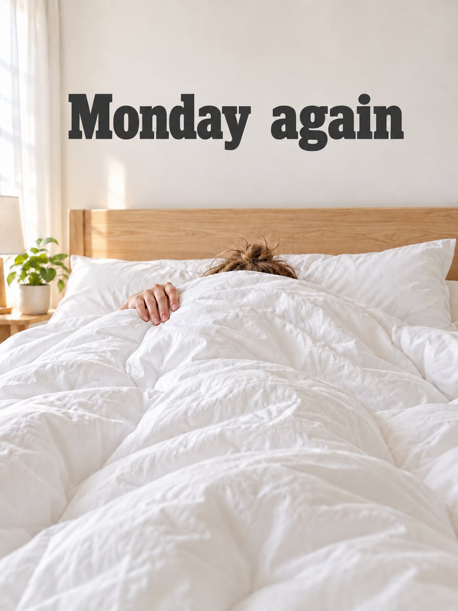 Happy Monday greeting image: adult buried under a fluffy white comforter with only one hand showing. It says “Monday again”