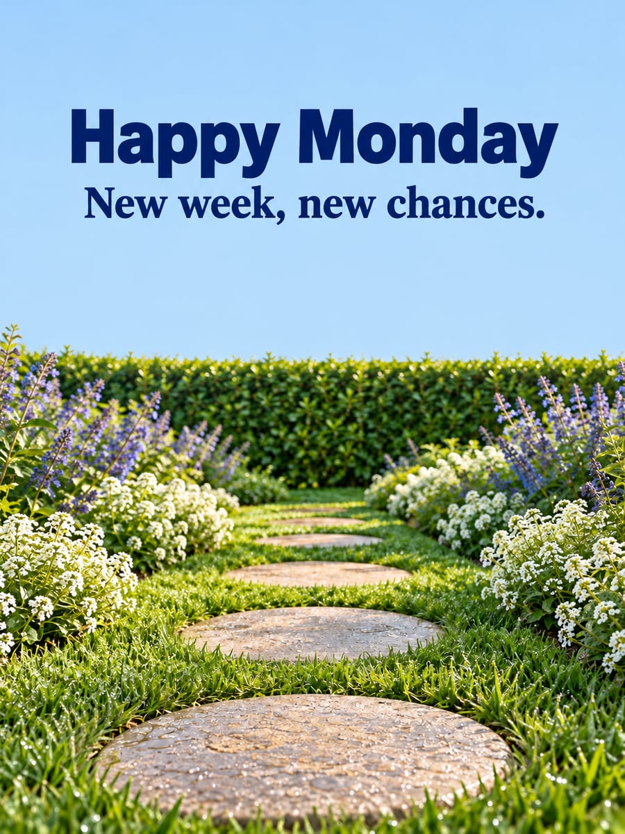 Happy Monday greeting image: dewy stepping stones leading forward to a trimmed hedge. It says “Happy Monday” and “New week, new chances.”