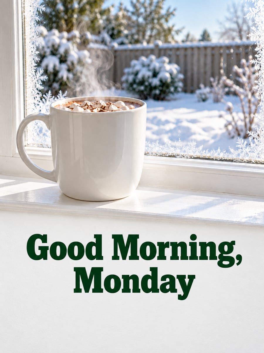 Happy Monday greeting image: mug of hot cocoa on a frosty kitchen windowsill. It says “Good Morning, Monday”