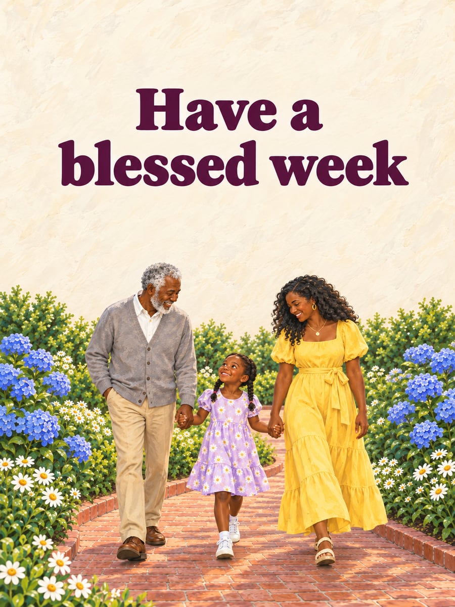 Happy Monday greeting image: Black grandfather, his daughter and granddaughter walking hand in hand on a brick path. It says “Have a blessed week”