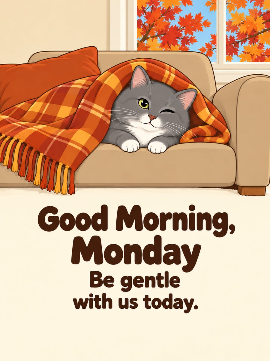 Happy Monday greeting image: gray cat peeking out from under a plaid blanket with one eye open. It says “Good Morning, Monday” and “Be gentle with us today.”