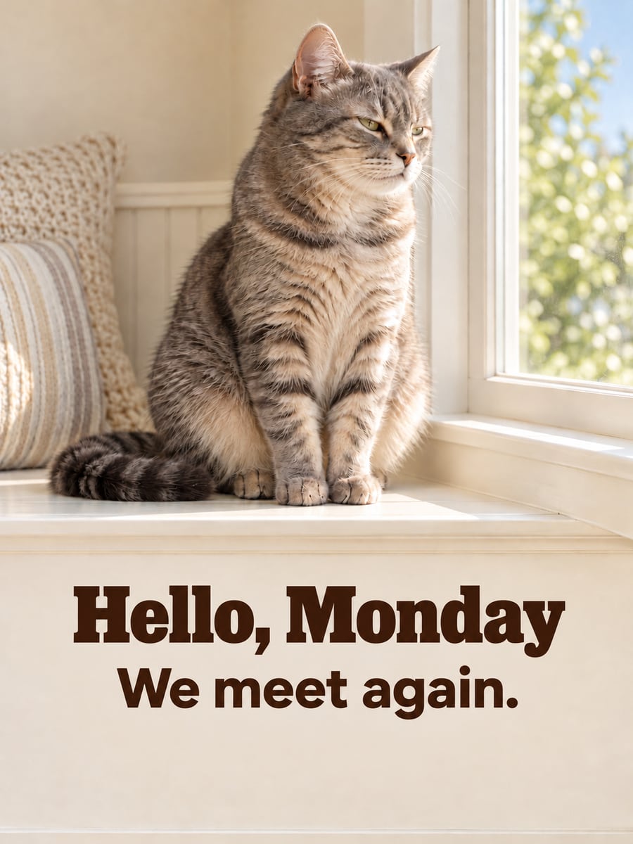 Happy Monday greeting image: gray tabby cat giving the bright window an unimpressed side-eye. It says “Hello, Monday” and “We meet again.”