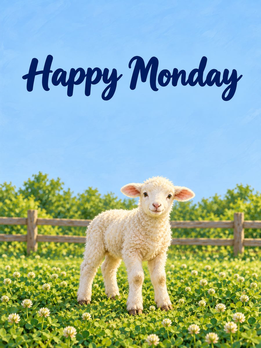 Happy Monday greeting image: fluffy white lamb standing in green clover. It says “Happy Monday”