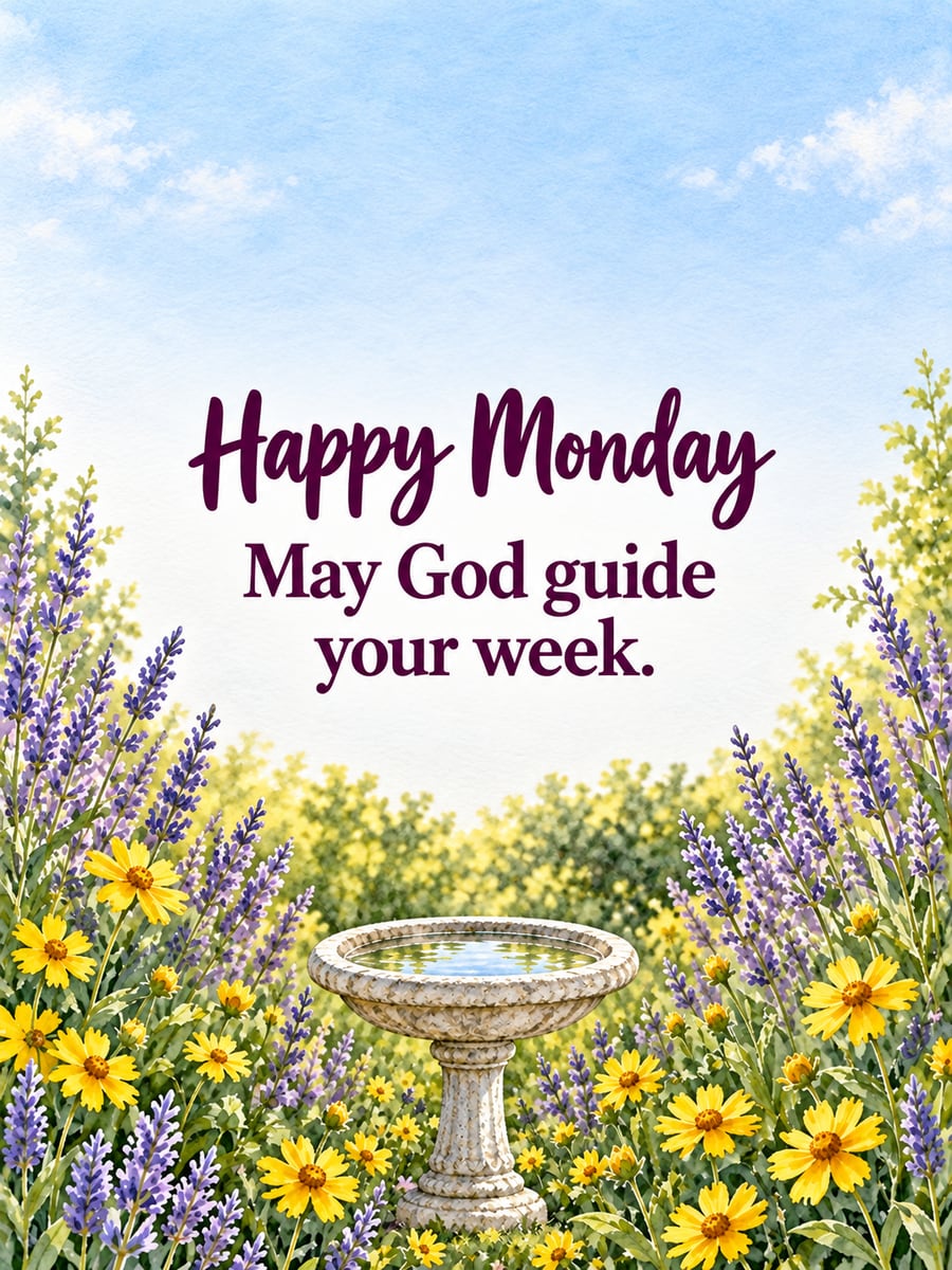 Happy Monday greeting image: stone birdbath in a garden bed of lavender and tickseed. It says “Happy Monday” and “May God guide your week.”