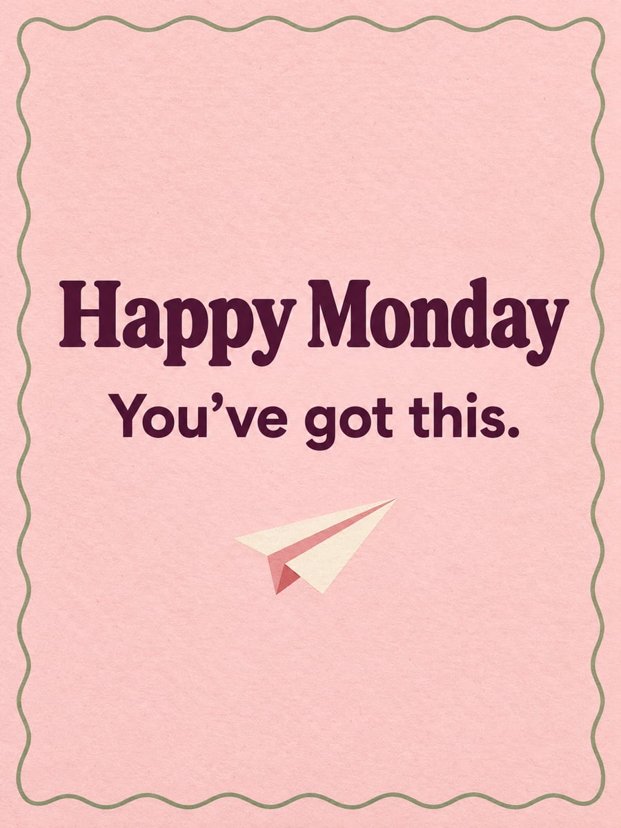 Happy Monday greeting image: lettering card with a small paper airplane and a wavy border. It says “Happy Monday” and “You’ve got this.”