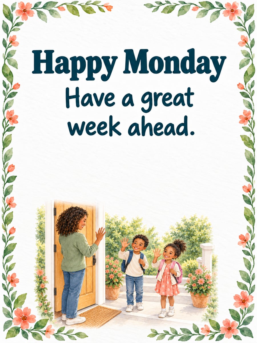 Happy Monday greeting image: mother waving goodbye to her son and daughter with backpacks at the front door. It says “Happy Monday” and “Have a great week ahead.”