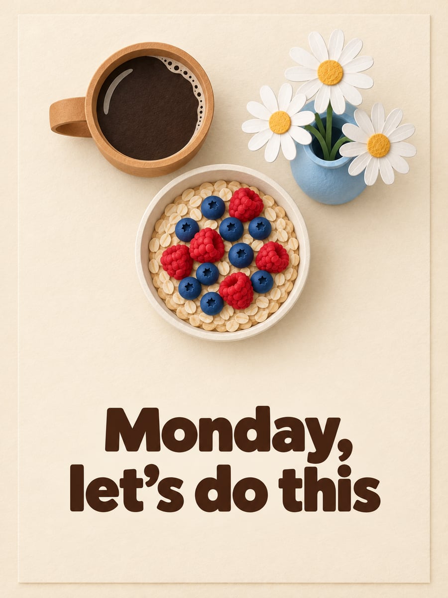 Happy Monday greeting image: paper-cut breakfast of coffee, oatmeal with berries and daisies. It says “Monday, let’s do this”