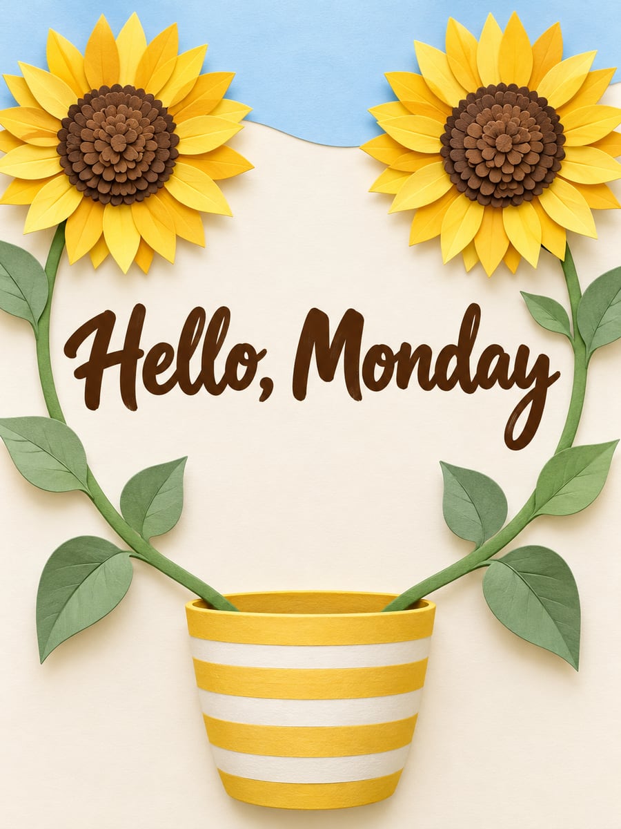 Happy Monday greeting image: paper-cut sunflowers rising from a striped pot. It says “Hello, Monday”