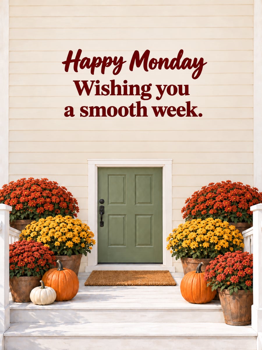 Happy Monday greeting image: front porch with rust and gold mums, pumpkins and a doormat. It says “Happy Monday” and “Wishing you a smooth week.”