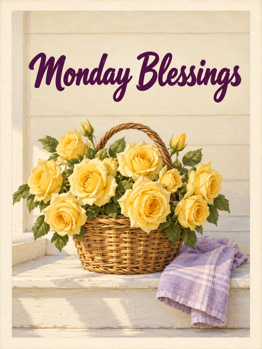 Happy Monday greeting image: woven basket of yellow roses on a sunny porch step. It says “Monday Blessings”