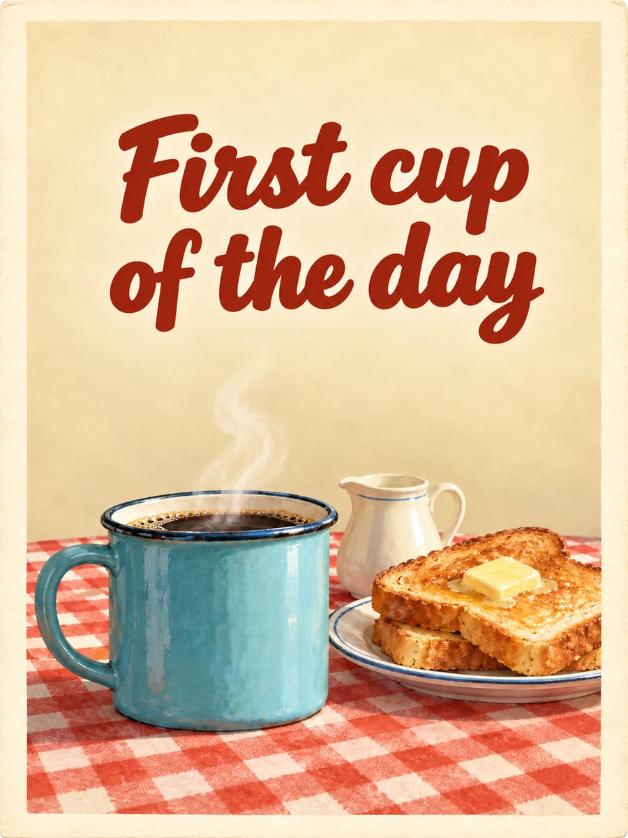 Happy Monday greeting image: enamel mug of coffee and a plate of buttered toast. It says “First cup of the day”