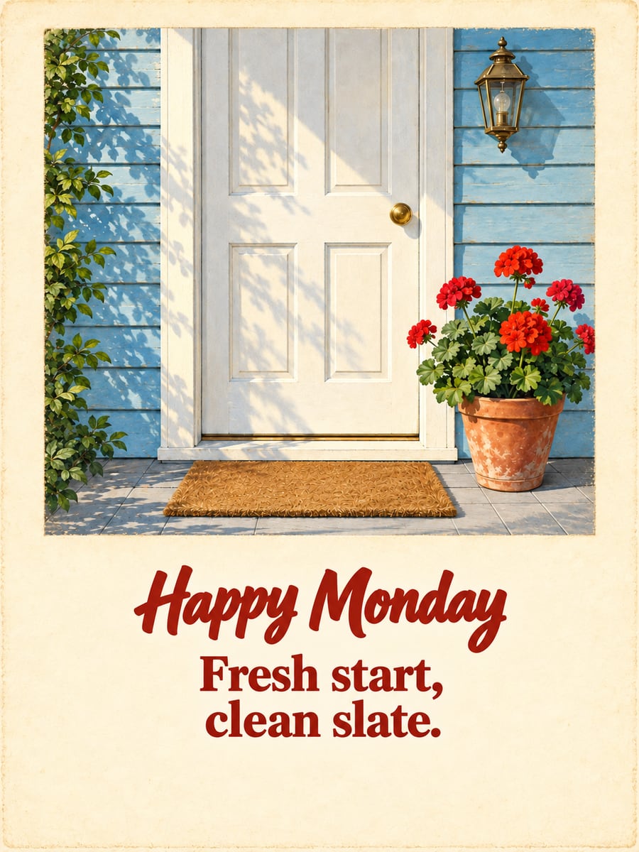 Happy Monday greeting image: freshly painted white front door with a doormat and red geraniums. It says “Happy Monday” and “Fresh start, clean slate.”