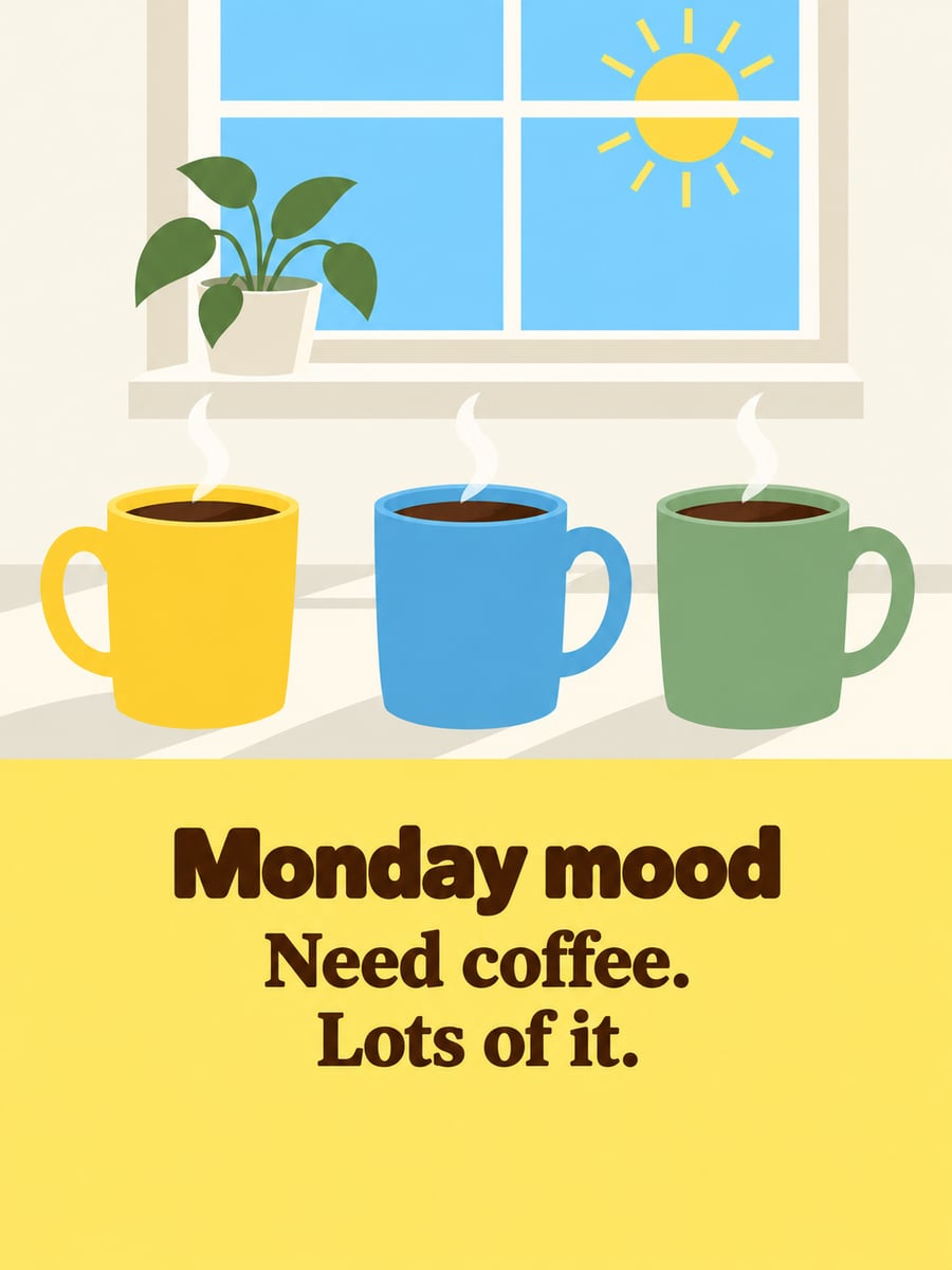 Happy Monday greeting image: three mugs of coffee lined up in a row. It says “Monday mood” and “Need coffee. Lots of it.”
