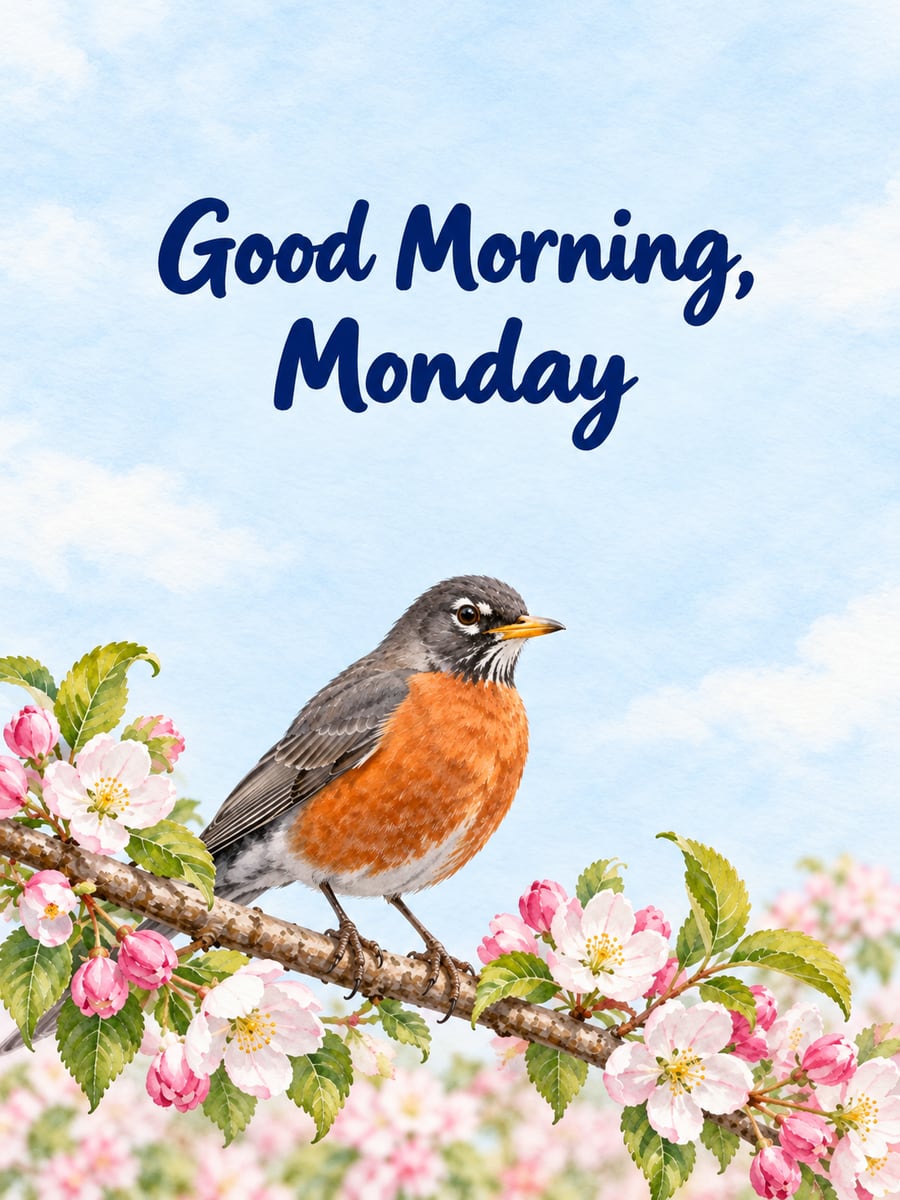Happy Monday greeting image: American robin on a flowering crabapple branch. It says “Good Morning, Monday”