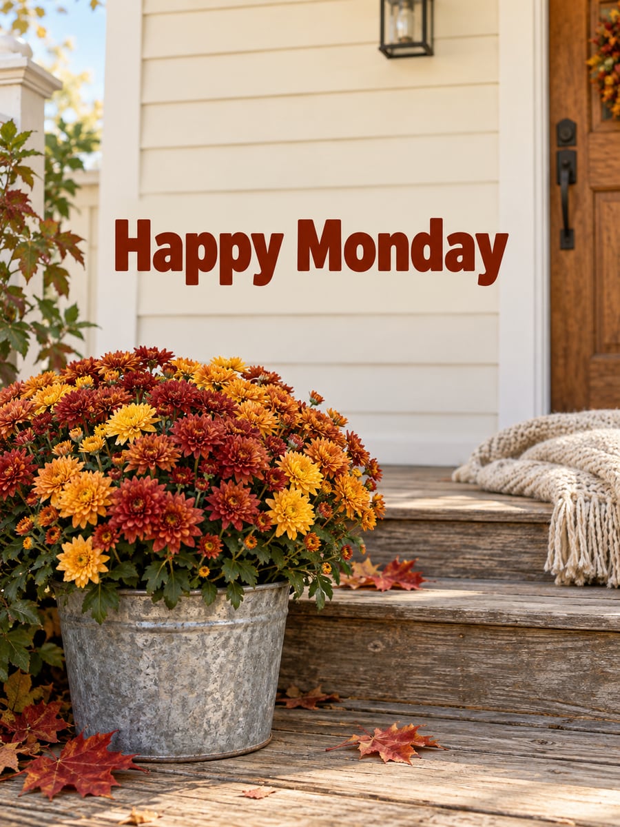 Happy Monday greeting image: galvanized bucket of rust and gold mums on porch steps. It says “Happy Monday”