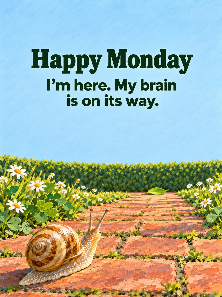 Happy Monday greeting image: garden snail slowly crossing a long brick path toward a green leaf. It says “Happy Monday” and “I’m here. My brain is on its way.”