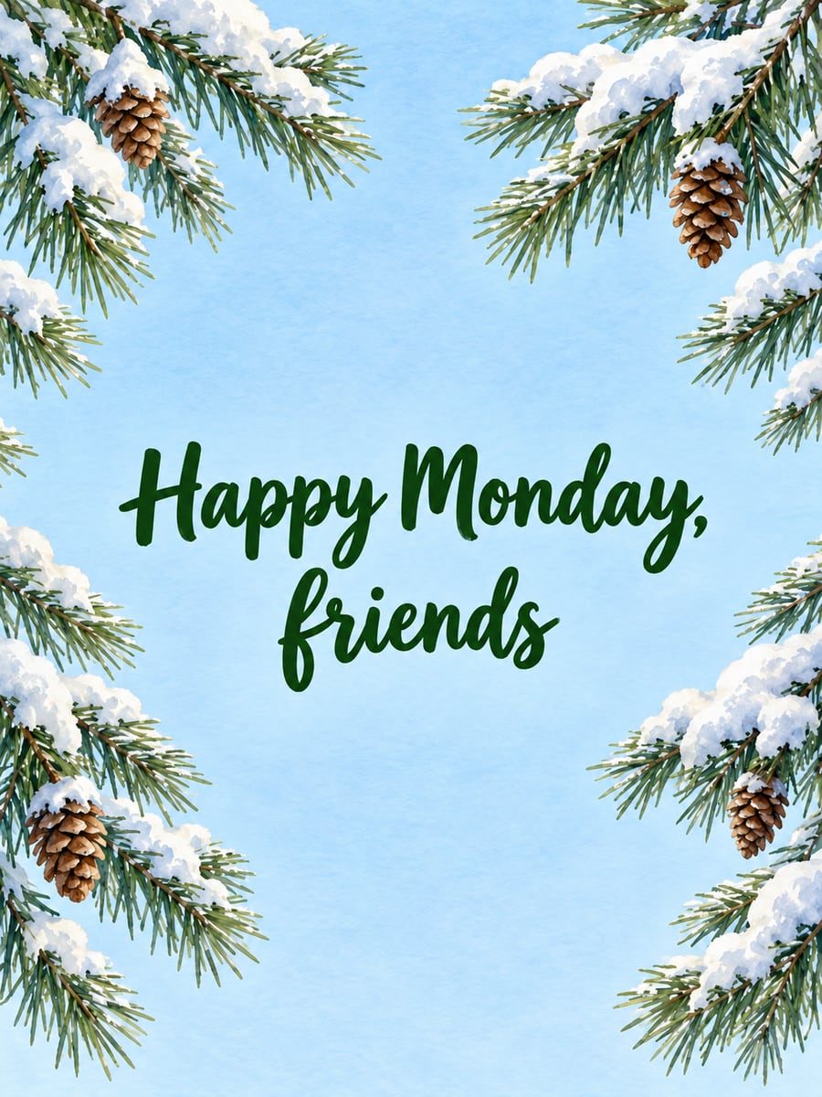 Happy Monday greeting image: snowy evergreen branches framing a clear pale sky. It says “Happy Monday, friends”