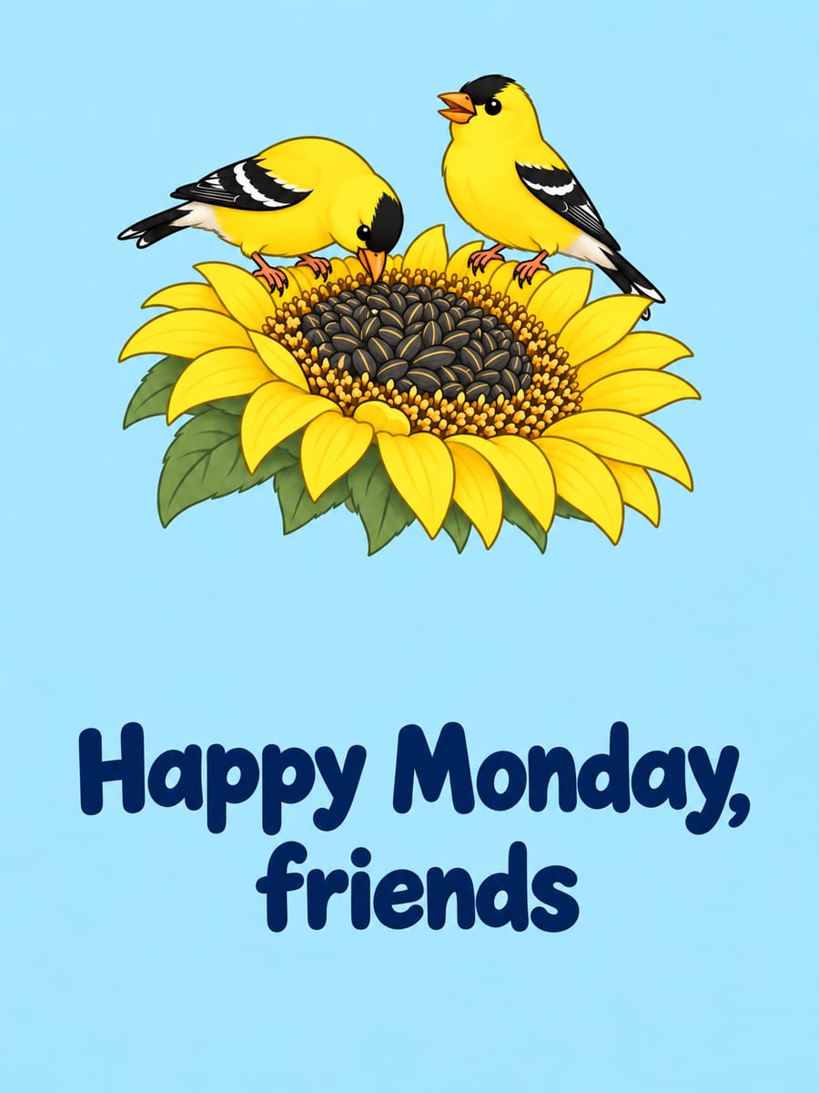 Happy Monday greeting image: two American goldfinches on a big sunflower head. It says “Happy Monday, friends”